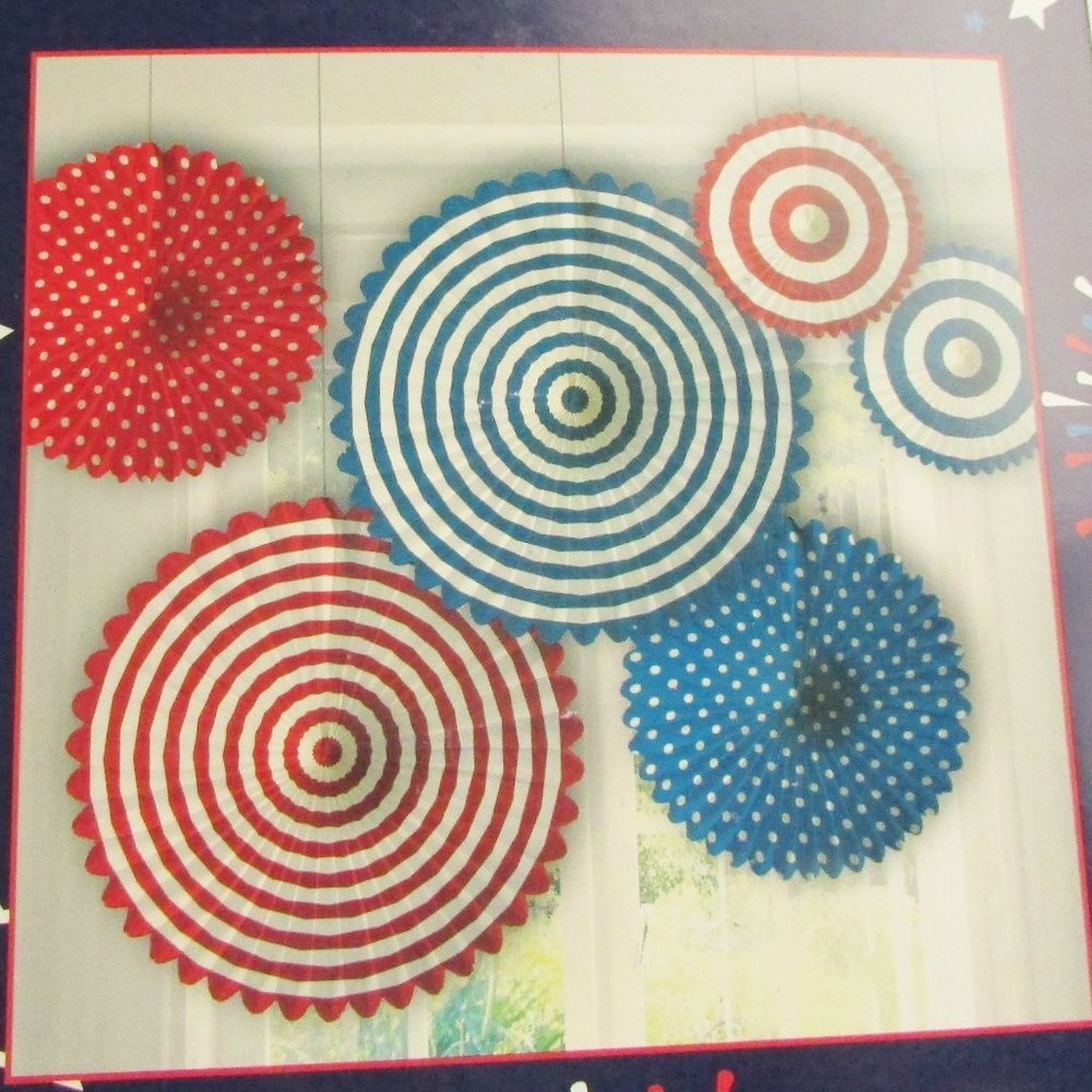 4th of July Mixed Paper Fan Reusable Decoration Pack 6 Total Pieces NEW - Picture 3 of 5